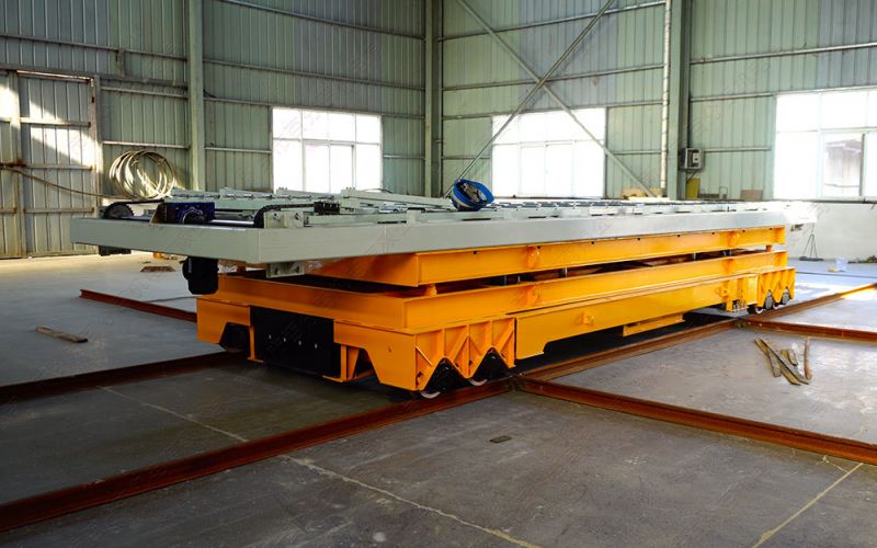 河北某電器公司來(lái)廠考察可縱橫平移換軌型軌道平板車(chē)